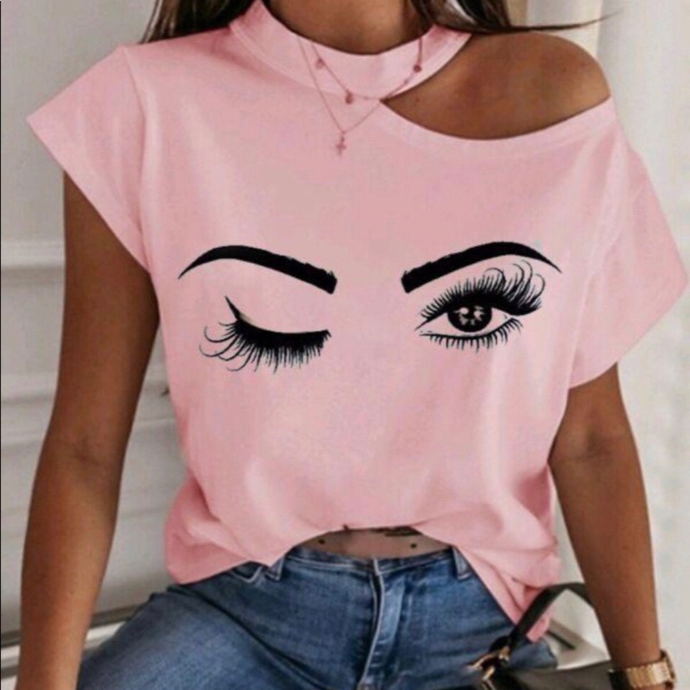 Woman’s Pink Eyelash Top Sexy Cold Shoulder